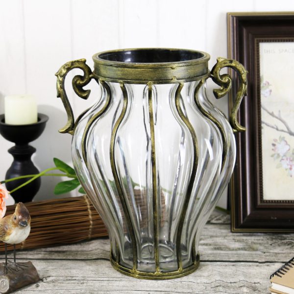 Clear European Glass Home Decor Flower Vase with Two Metal Handle