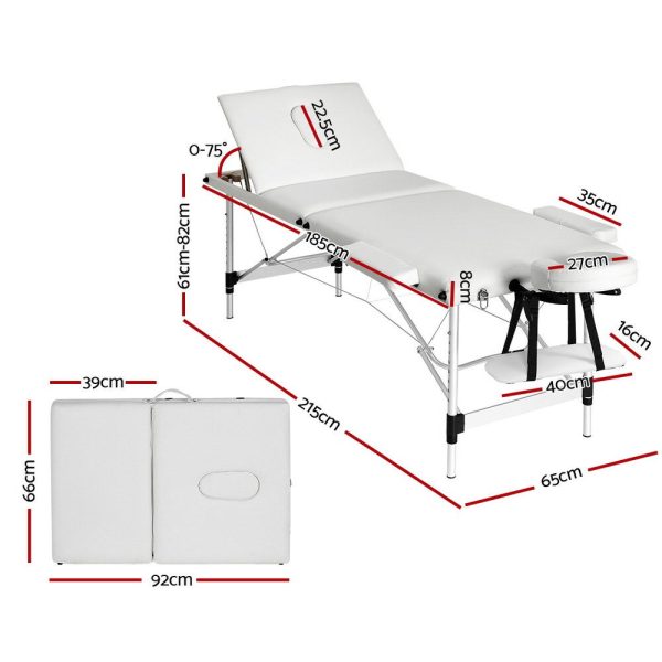 Massage Table 3 Fold Aluminium 65CM Width Portable Therapy Beauty Bed