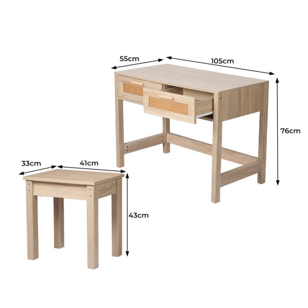 Table Set Rattan Wood Dressing Table Bedroom Desk Stool Home Office Desks