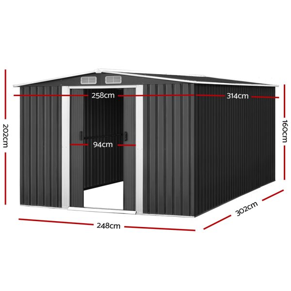 Garden Shed Outdoor Storage Sheds Workshop Metal Base Grey – 2.58×3.14×2.02 M, Without Base