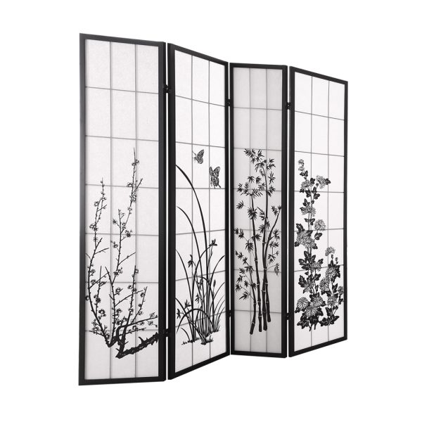 Almondbury 4 Panel Room Divider Screen Door Stand Privacy Fringe Wood Fold Blossom