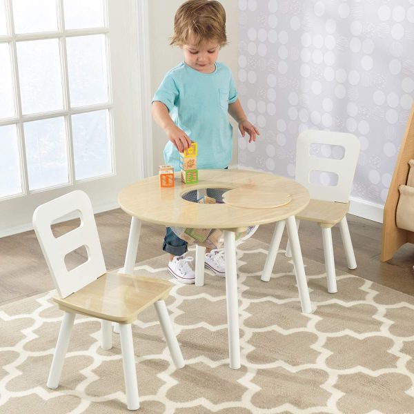 Round Table and 2 Chair Set for children – Natural and White