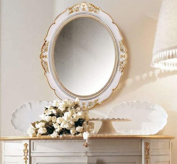 Oval Antique Vintage Hanging Wall Mirror for Bedroom and Livingroom (38 x 33 cm) – White