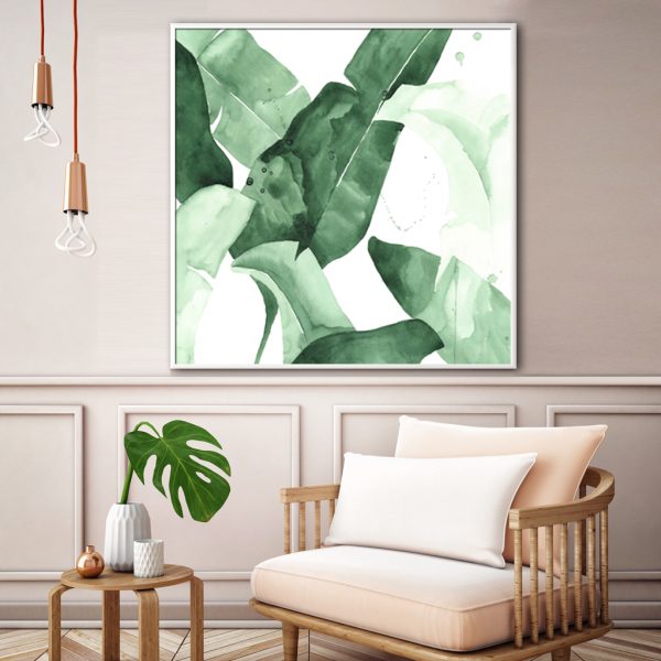 Tropical Leaves Square Size White Frame Canvas Wall Art – 60×60 cm