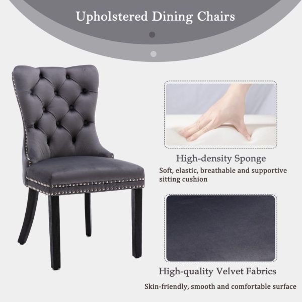 8x Velvet Dining Chairs Upholstered Tufted Kithcen Chair with Solid Wood Legs Stud Trim and Ring-Gray