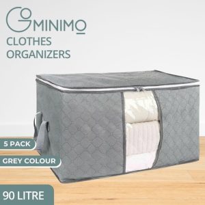 5 Pack 90L Clothes Storage Bag with Handles Organizer Zipper Grey