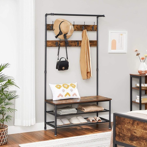 Coat Rack Stand with 9 Hooks and Shoe Rack, Industrial Style, Multifunctional Hall Tree, Sturdy Steel Frame