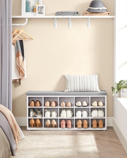 Storage Shoe Bench 15 Compartments with Cushion White and Grey