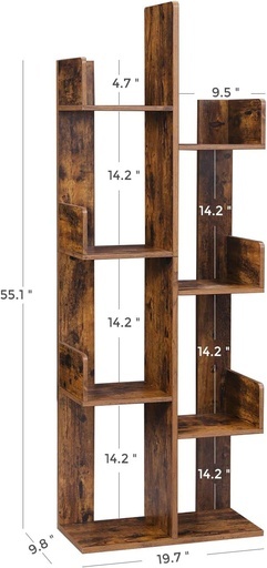 Tree-Shaped Bookcase with 8 Storage Shelves Rounded Corners Rustic Brown