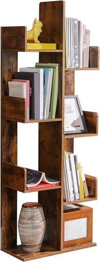 Tree-Shaped Bookcase with 8 Storage Shelves Rounded Corners Rustic Brown