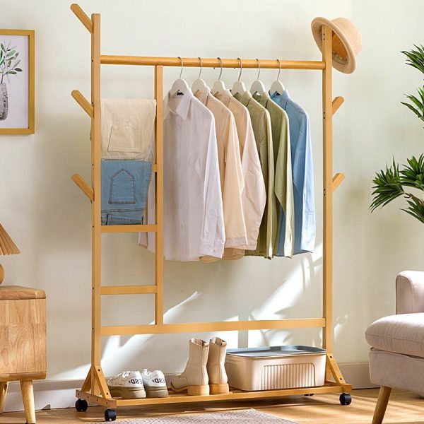 6 Hook Rack Rail Natural Finished Portable Coat Stand Rack Rail Clothes Hat Garment Hanger Hook with Shelf Bamboo