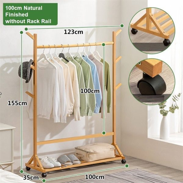 6 Hook Rack Rail Natural Finished Portable Coat Stand Rack Rail Clothes Hat Garment Hanger Hook with Shelf Bamboo