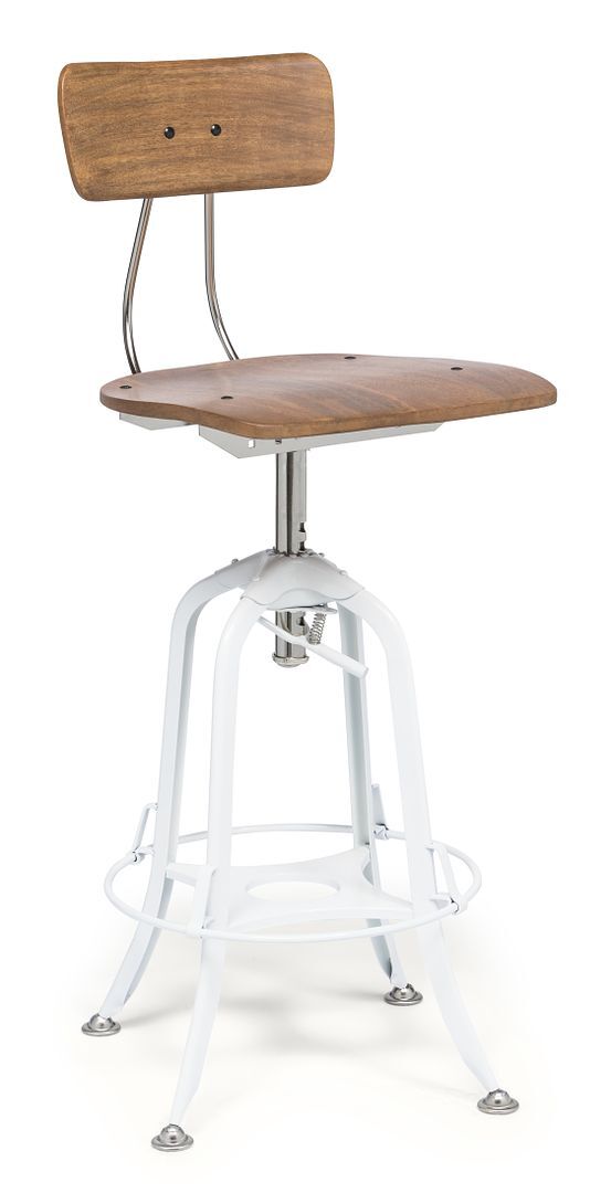 Hamptons Style White Bar Stool Chair Height Adjustable and Swivel with Natural Wood Top