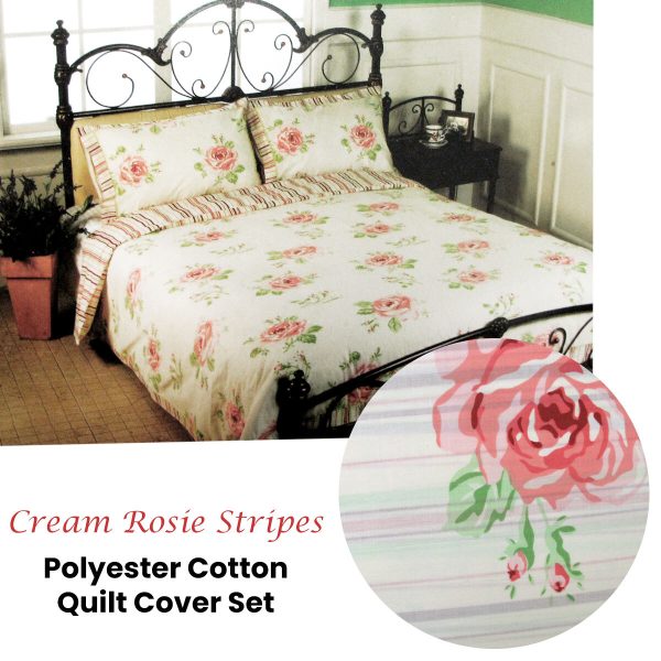 Cream Rosie Stripes Polyester Cotton Quilt Cover Set Queen