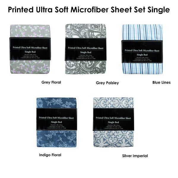 Printed Microfiber Sheet Set Single – Silver Imperial