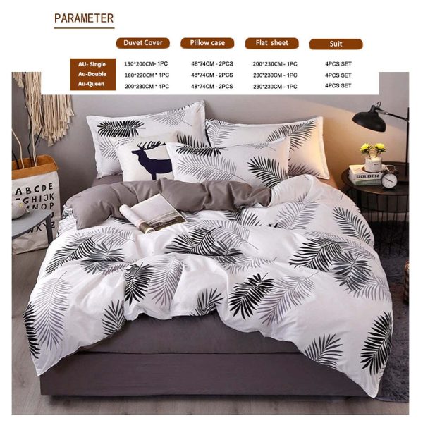 Palm Leaves Pattern Aloe Cotton Flat Sheet Quilt Cover Pillowcases 4pcs Bedding Set (Queen)