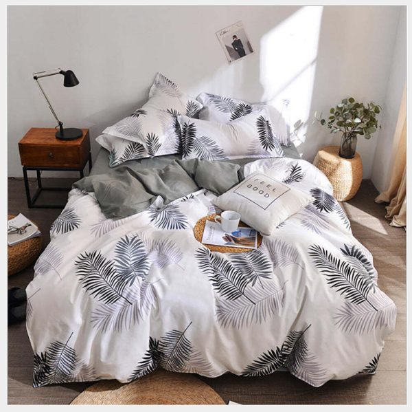 Palm Leaves Pattern Aloe Cotton Flat Sheet Quilt Cover Pillowcases 4pcs Bedding Set (King)