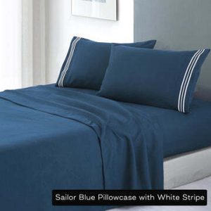 soft microfibre embroidered stripe sheet set king sailor blue pillowcase white stripe