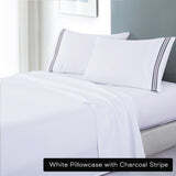 white soft microfibre sheet set with colourful embroidered stripe king charcoal stripe