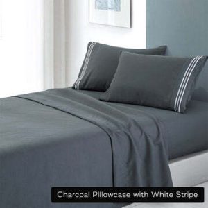 soft microfibre embroidered stripe sheet set single charcoal pillowcase white stripe