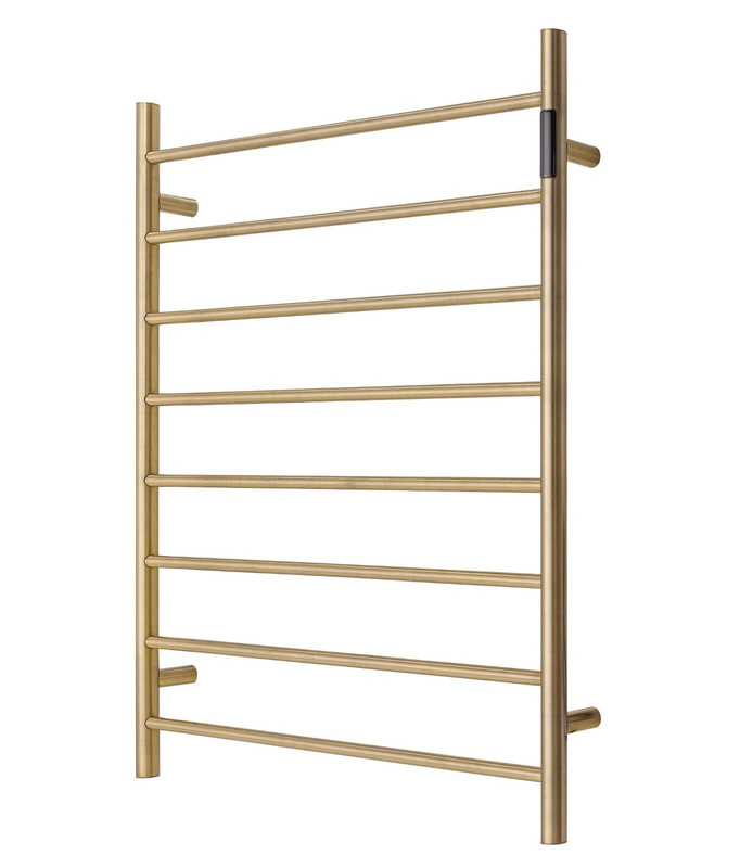 Premium Brushed Gold Heated Towel Rack with LED control- 8 Bars, Round Design, AU Standard, 1000x850mm Wide
