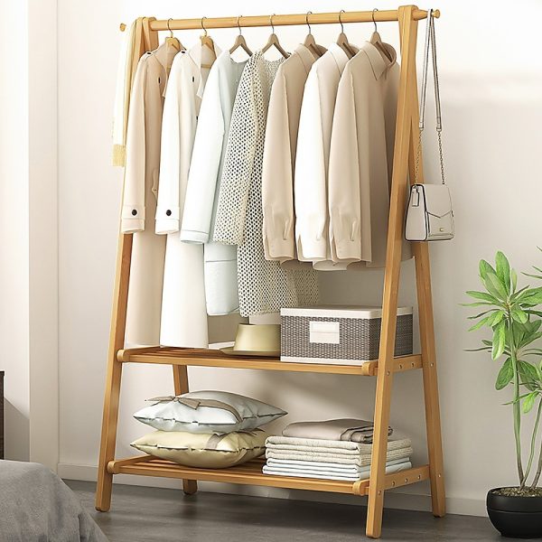 Portable Clothes Rack Coat Garment Stand Bamboo Rail Hanger Airer Closet..