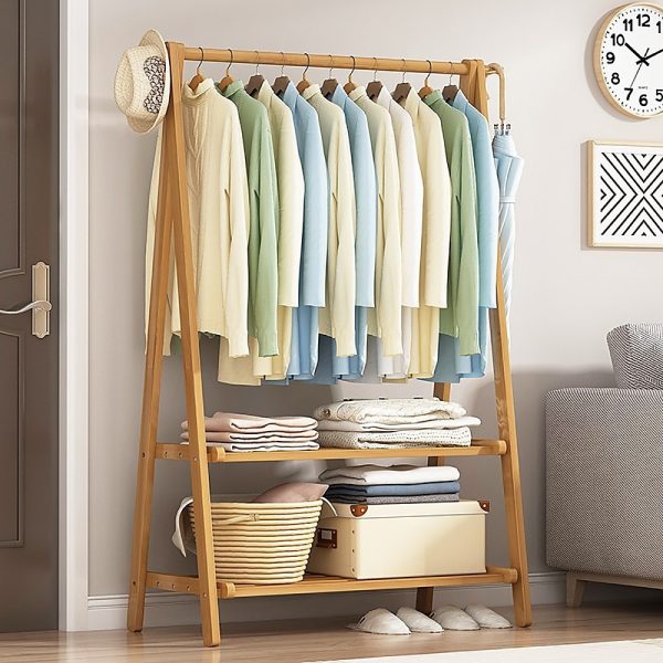 Portable Clothes Rack Coat Garment Stand Bamboo Rail Hanger Airer Closet