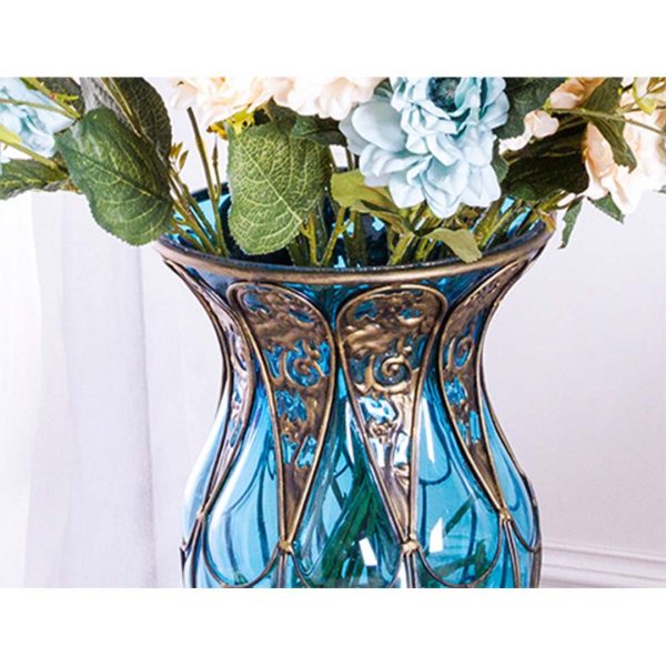 85cm Blue Glass Tall Floor Vase and 12pcs Blue Artificial Fake Flower Set
