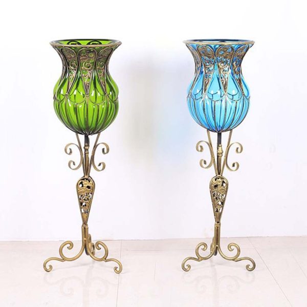 85cm Green Glass Tall Floor Vase and 12pcs Blue Artificial Fake Flower Set