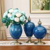 3X Ceramic Oval Flower Vase with Blue Flower Set Dark Blue