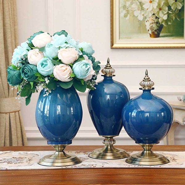 38.50cm Ceramic Oval Flower Vase with Gold Metal Base Dark Blue