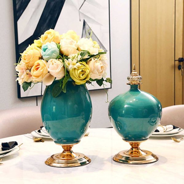 38.50cm Ceramic Oval Flower Vase with Gold Metal Base Green