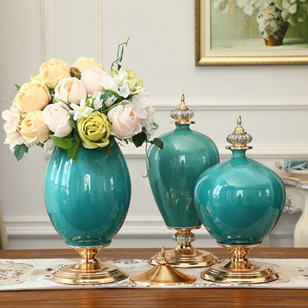 2X 38cm Ceramic Oval Flower Vase with Gold Metal Base Green