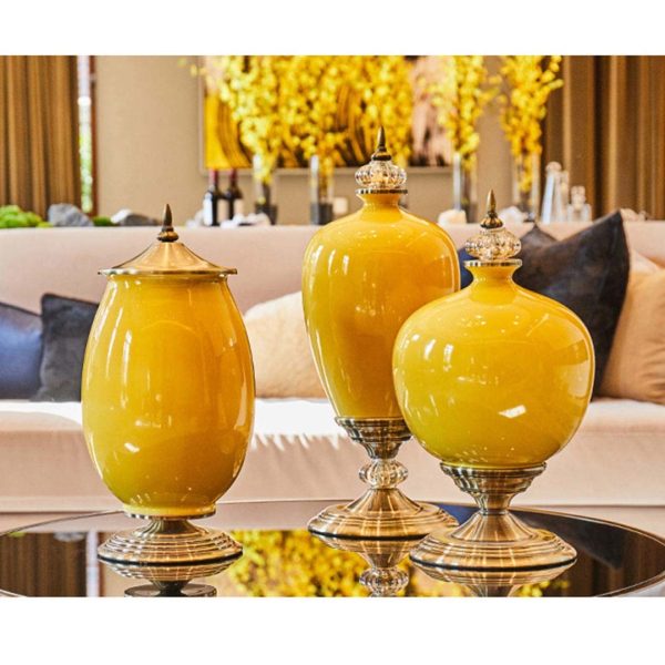 2X 38cm Ceramic Oval Flower Vase with Gold Metal Base Yellow