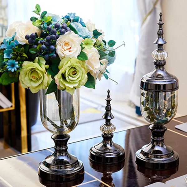 2X Clear Glass Flower Vase with Lid and Blue Flower Filler Vase Black Set