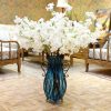 51cm Blue Glass Oval Floor Vase with Metal Flower Stand