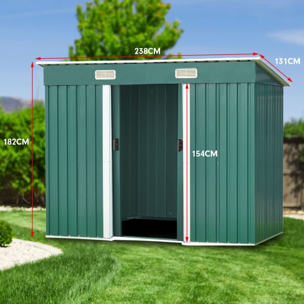 Garden Shed Flat Outdoor Storage Shelter – 131 x 238 x 182 cm, Green