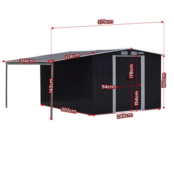 Wallaroo Zinc Steel Garden Shed with Open Storage – Black – 10 x 8 FT