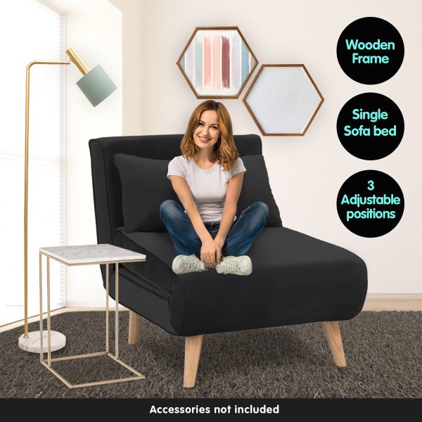 Mosgiel Adjustable Chair Single Sofa Bed Faux Velvet – Black