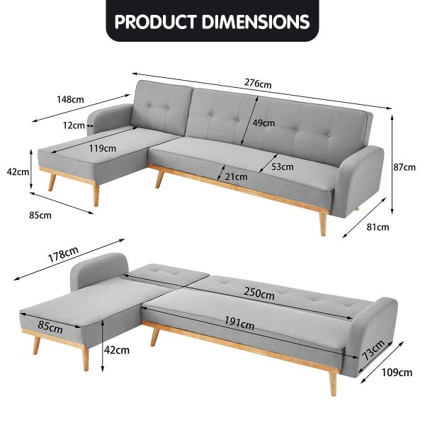 Viejo 3-Seater Corner Sofa Bed with Chaise Lounge – Light Grey