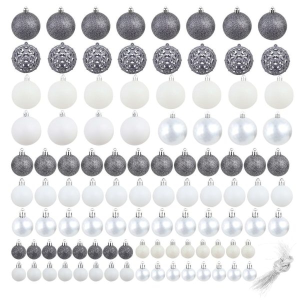 100 Piece Christmas Ball Set 3/4/6 cm – White/Grey