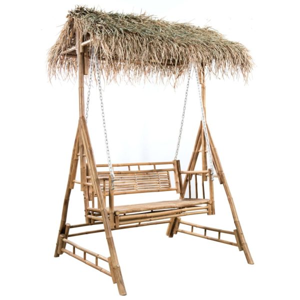 2-Seater Swing Bench with Palm Leaves and Cushion 202 cm Bamboo – Anthracite