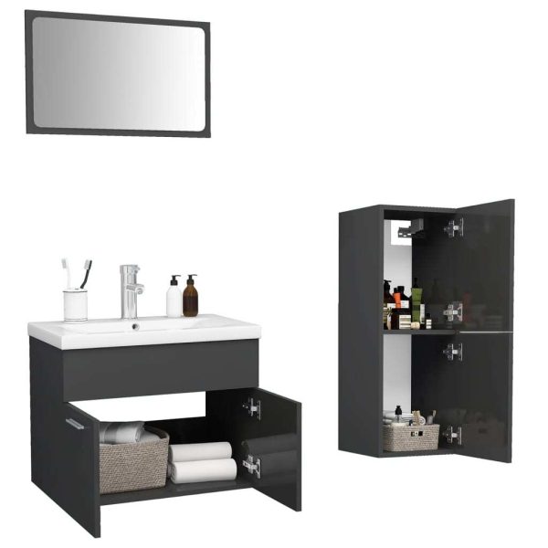 Bathroom Furniture Set Engineered Wood – 60×38.5×46 cm, High Gloss Grey