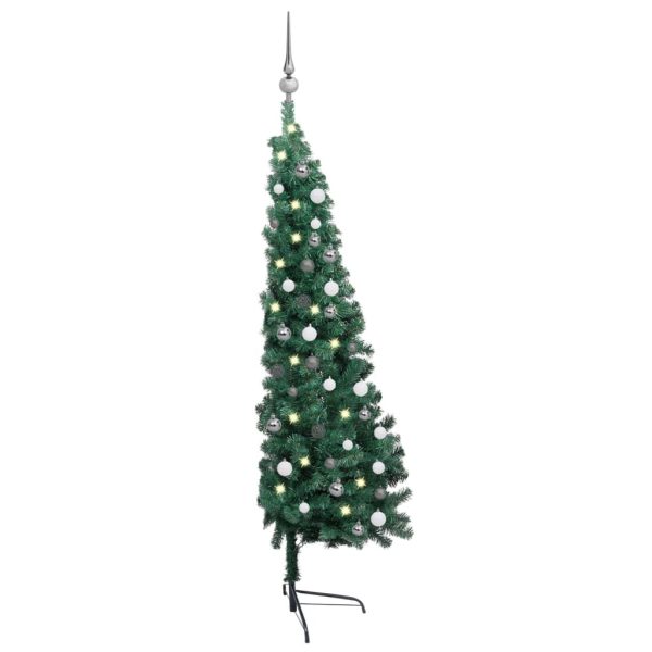 Artificial Half Christmas Tree with LEDs&Ball Set – 150×95 cm, Green and Grey