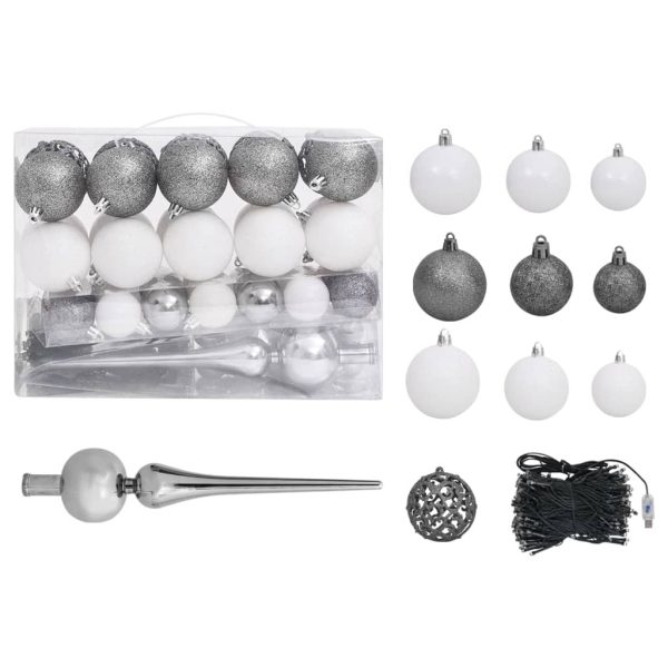 Artificial Christmas Tree with LEDs&Ball Set Branches – 150×70 cm, White and Grey