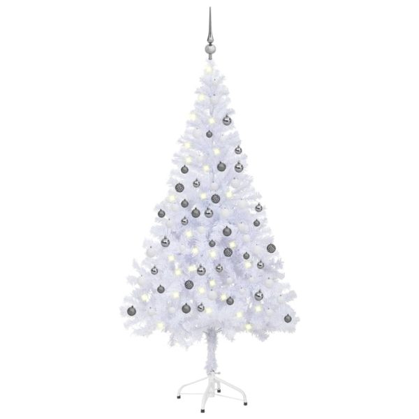 Artificial Christmas Tree with LEDs&Ball Set Branches – 150×70 cm, White and Grey