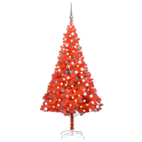 Artificial Christmas Tree with LEDs&Ball Set PVC – 180×93 cm, Red and Grey