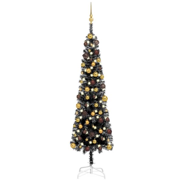 Slim Christmas Tree with LEDs&Ball Set – 180×48 cm, Black and Gold