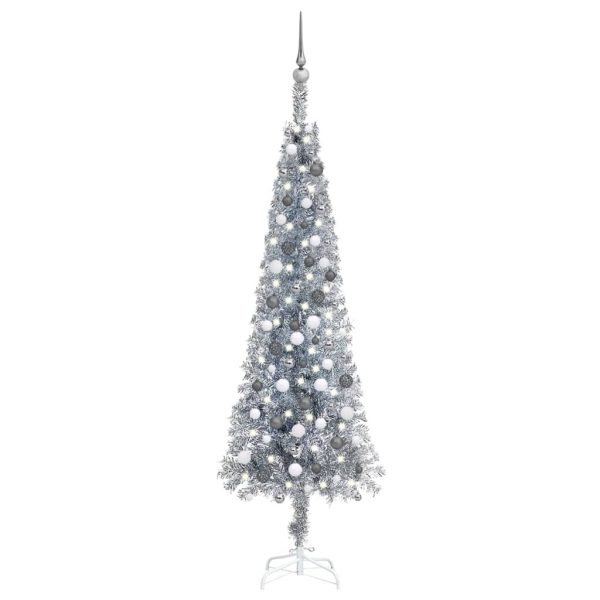 Slim Christmas Tree with LEDs&Ball Set – 210×55 cm, Silver and Grey
