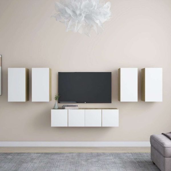 Pagnell 6 Piece TV Cabinet Set Engineered Wood – 30.5x30x60 cm, White and Sonoma Oak